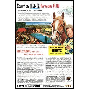 1953 Hertz Rent a Car Vintage Print Ad Swimming Pool Ranch Tucson Arizona Art